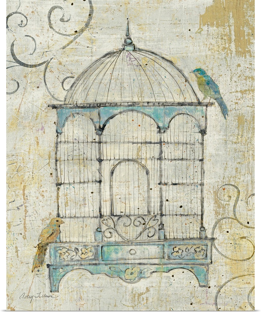 Decorative artwork perfect for the home of an antique bird cage that has two birds sitting outside of it.