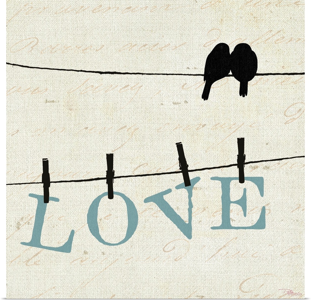 Silhouette of two birds on a wire with another wire below them with letters pinned with clothespins that spell out love on...
