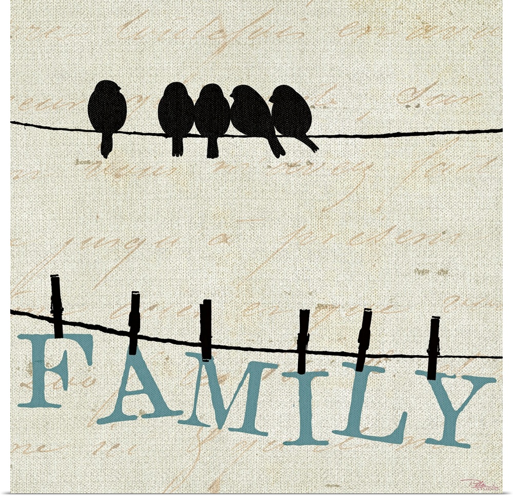 Contemporary artwork of birds on a wire with the letters to spell out "FAMILY" clothes pinned to another wire below them. ...