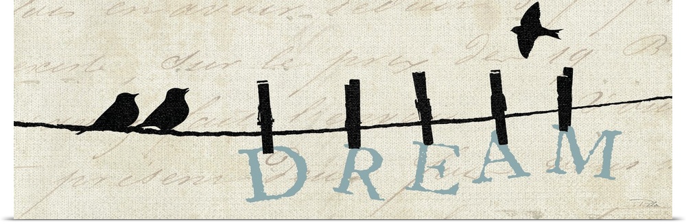 Contemporary artwork of silhouetted birds on a wire with the word "Dream" hanging from the line.