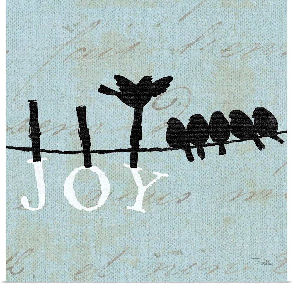 Contemporary artwork of birds silhouetted on a cloths line, with the word "JOY" hanging from the line underneath them.