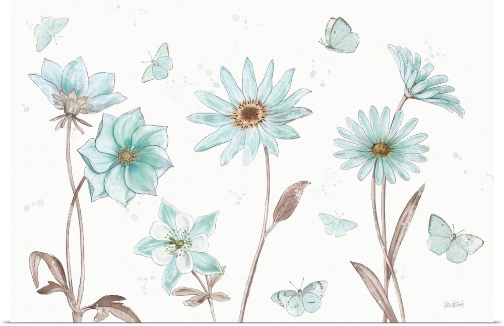 Painting of blue flowers with blue butterflies on a white background with blue paint splatter.