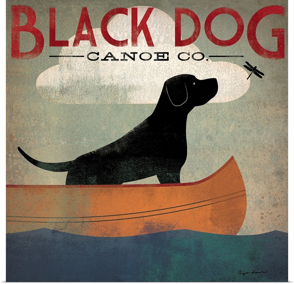 Contemporary artwork of a stylized black dog sitting in a canoe looking at a dragon fly with an overall grungy looking tex...