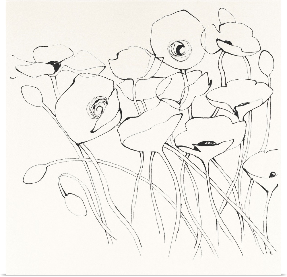 Contemporary illustrative artwork of outlined flowers against a cream toned background.