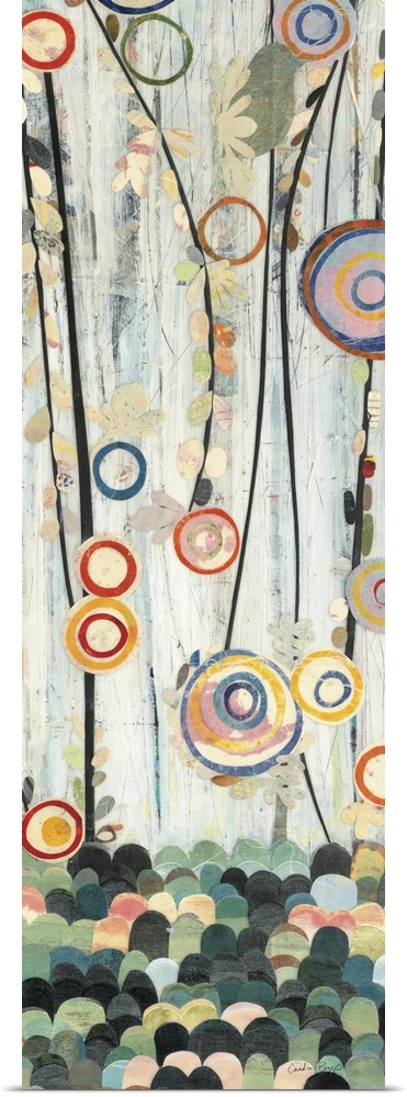 Tall abstract painting on canvas of flowers in a clearing.