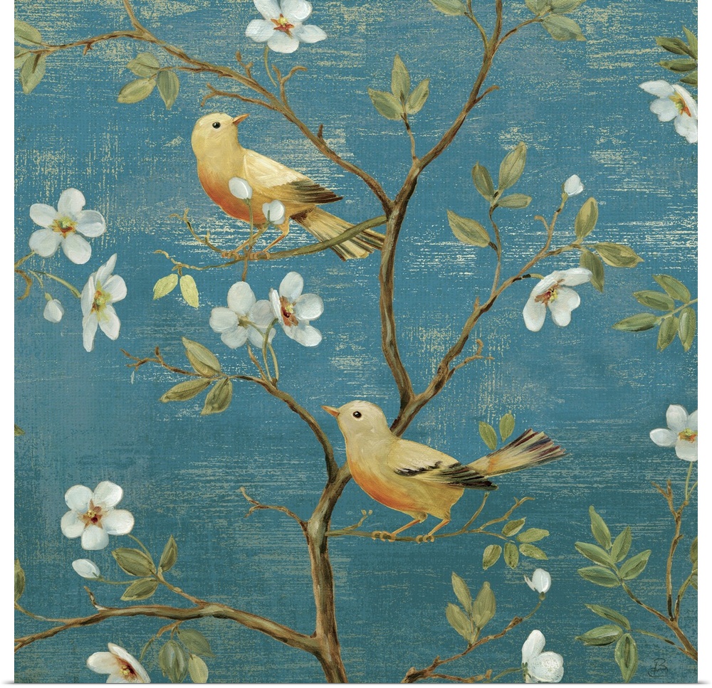 This square decorative accent has a flat wall paper like quality and is a painting of a thin tree branch covered with leav...