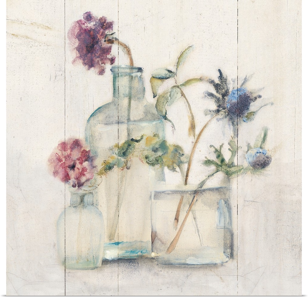 Square artwork with flowers in glass vases on a rustic shiplap background.