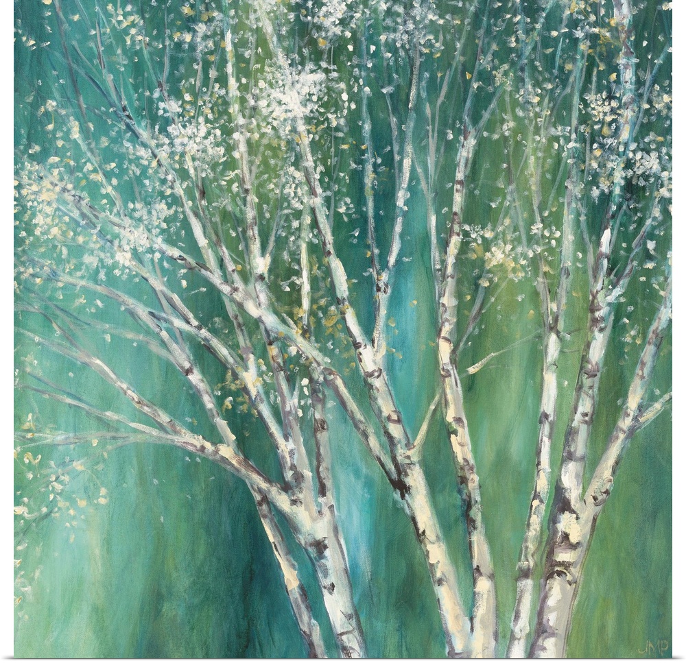 Painting of a white birch tree against a teal background.