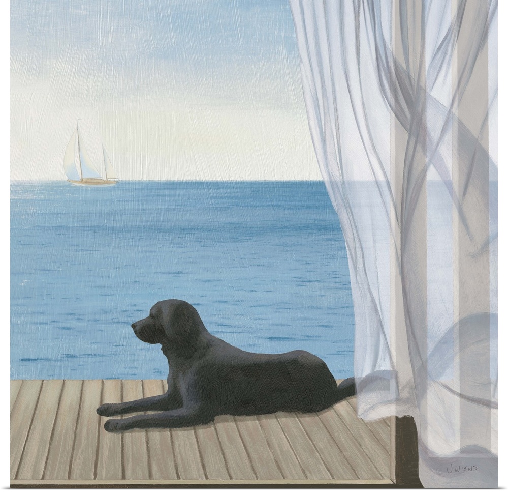 Coastal artwork of a black lab laying on a deck overlooking the sea.