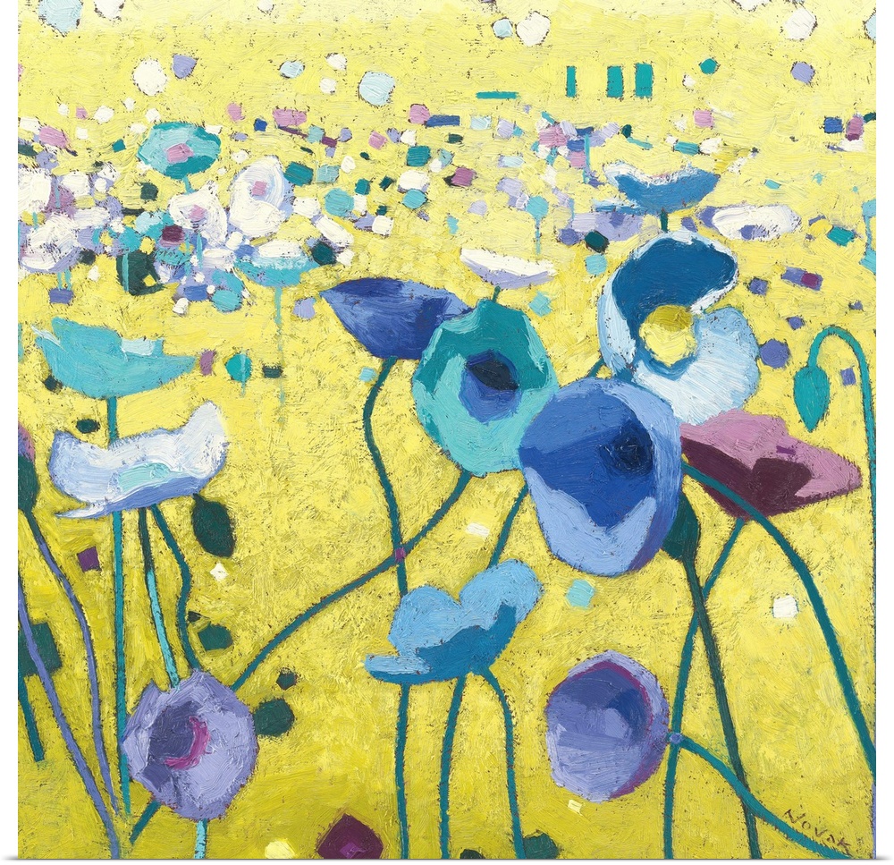 Contemporary artwork of a field of blue poppies with long stems.