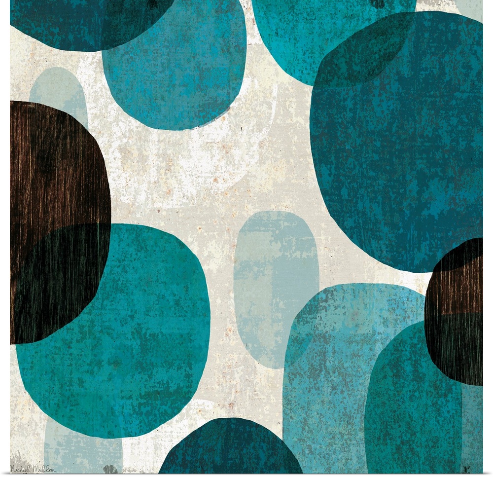 Abstract art piece with large cool color ovals in varying opacities with neutral textures in the background.