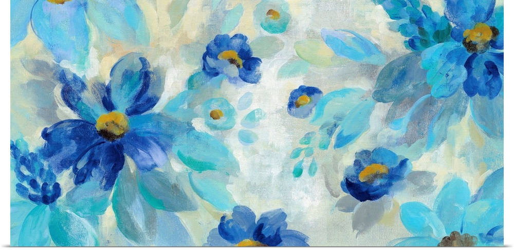 Large abstract painting of flowers in different shades of blue.