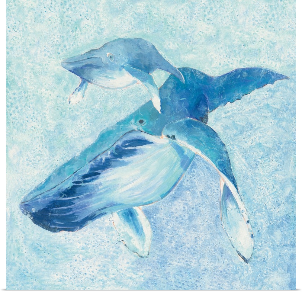 Contemporary square painting of a whale and her calf in different shades of blue.