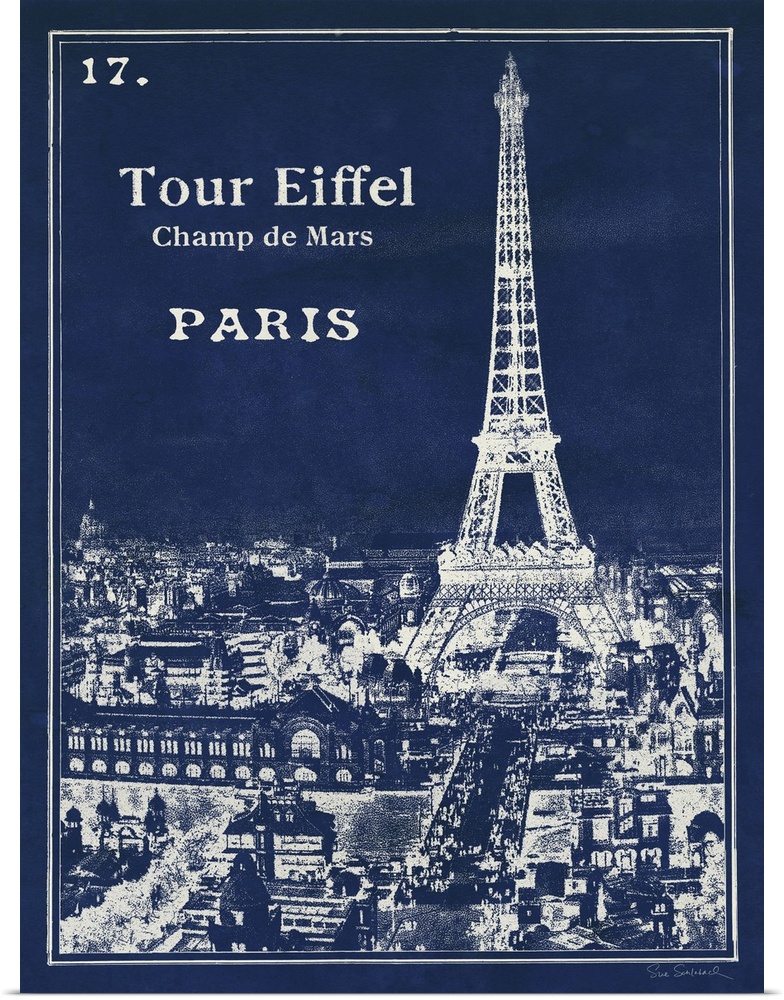 Vintage style travel blueprint of the Eiffel Tower in Paris.