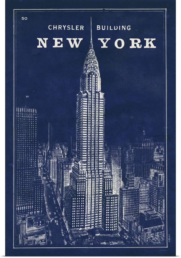Vintage style blueprint artwork of the Chrysler building in New York city.