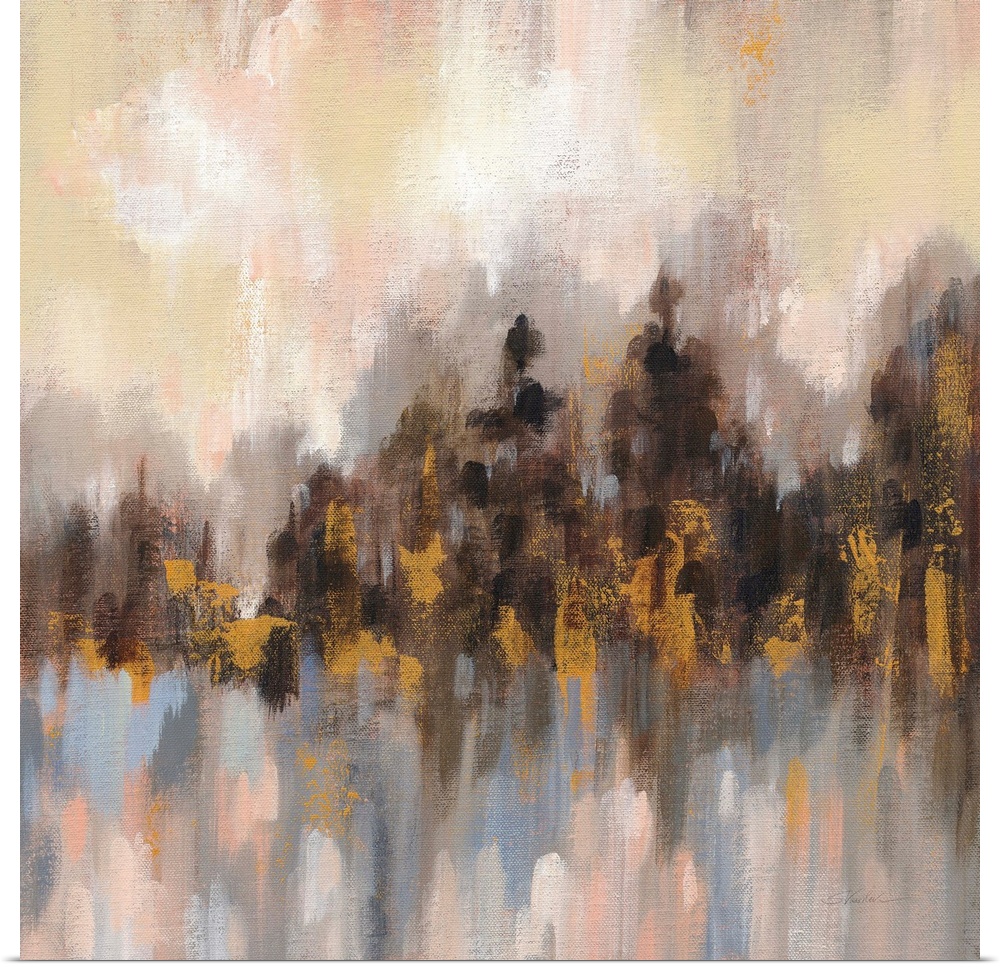 Contemporary artwork featuring short vertical brush strokes to create an abstract forest.
