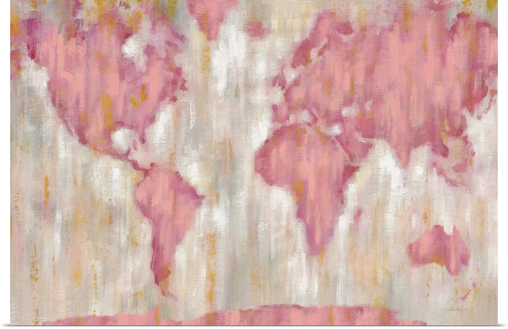 Contemporary artwork of a world map with vertical brush strokes in pink and gold over a mottled background.