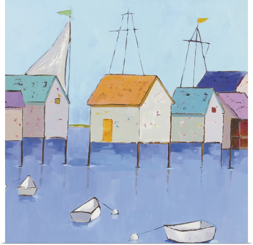 Contemporary painting of a row of colorful waterfront boat houses with multiple row boats and sailboats scattered around.