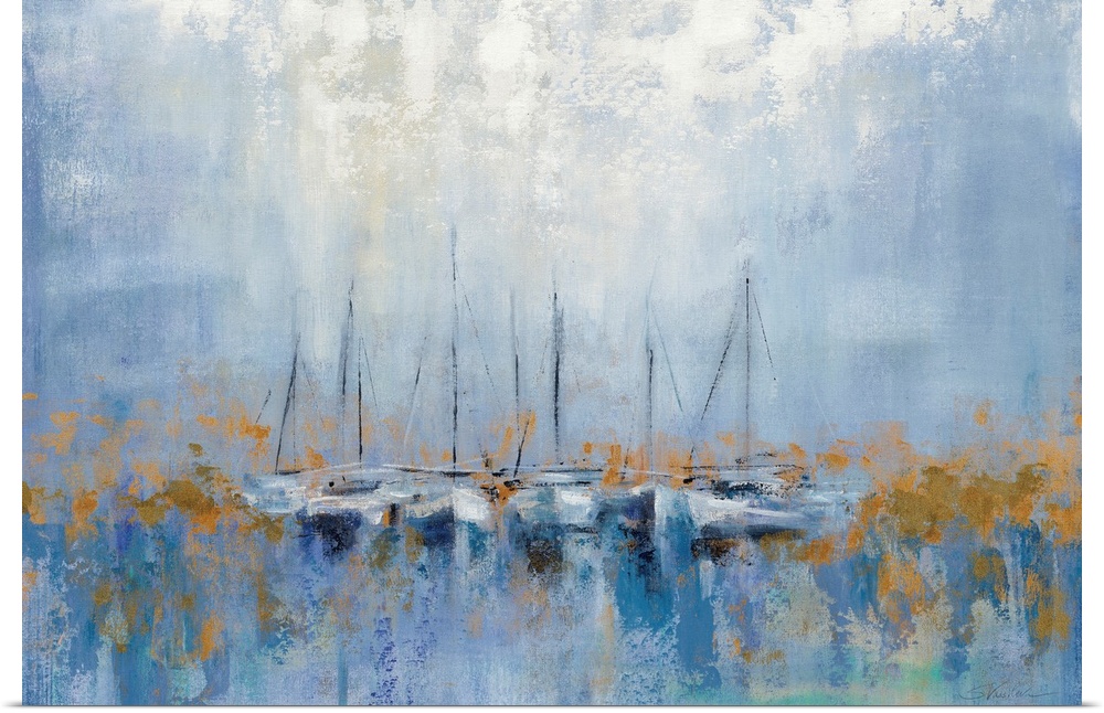 A contemporary horizontal painting of a row of boats in a harbor in an abstract style with gold accents.