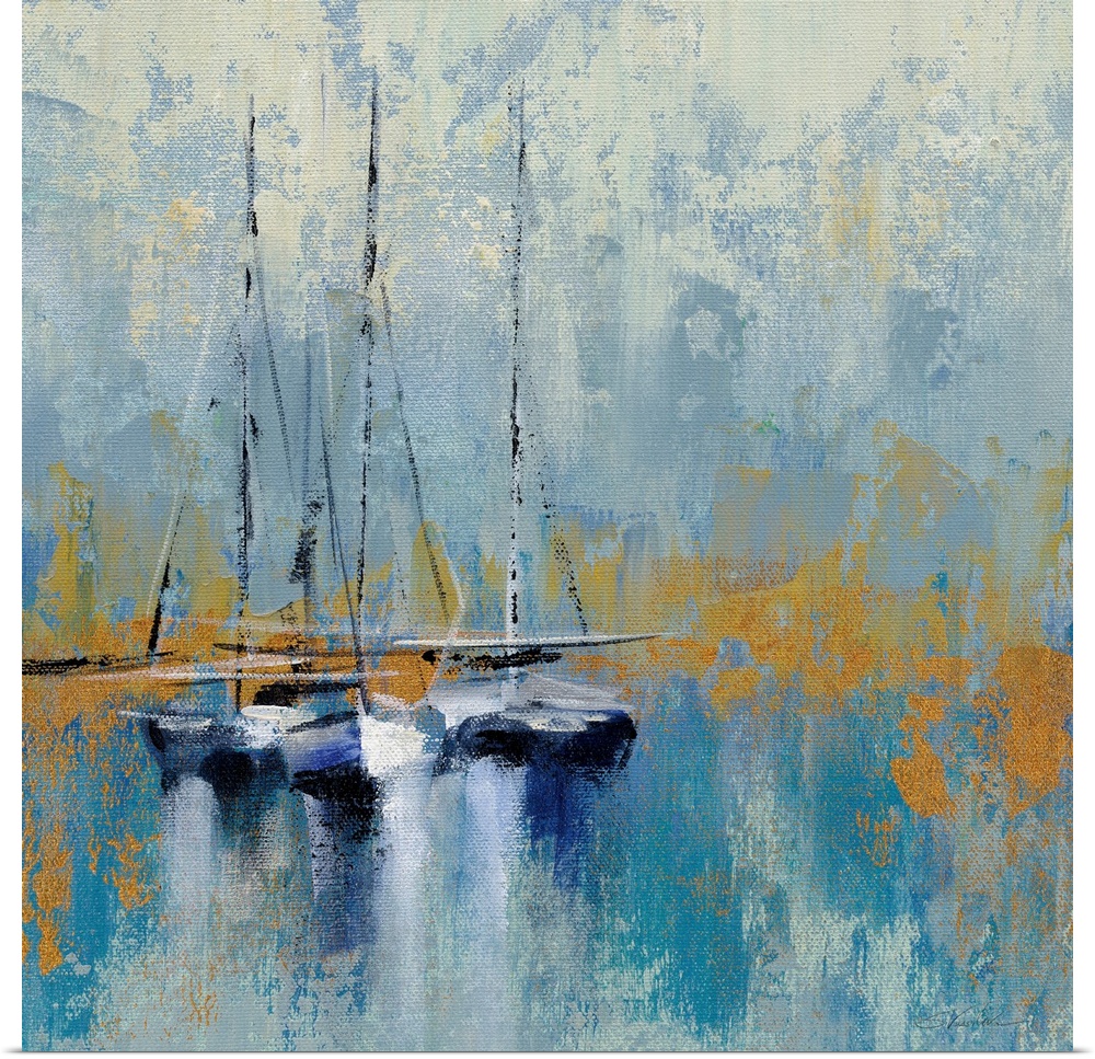 A square abstract painting of sail boats in a harbor in textured brush strokes of blue and gold.