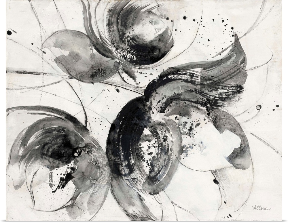 Black and white abstract watercolor painting of flowers.