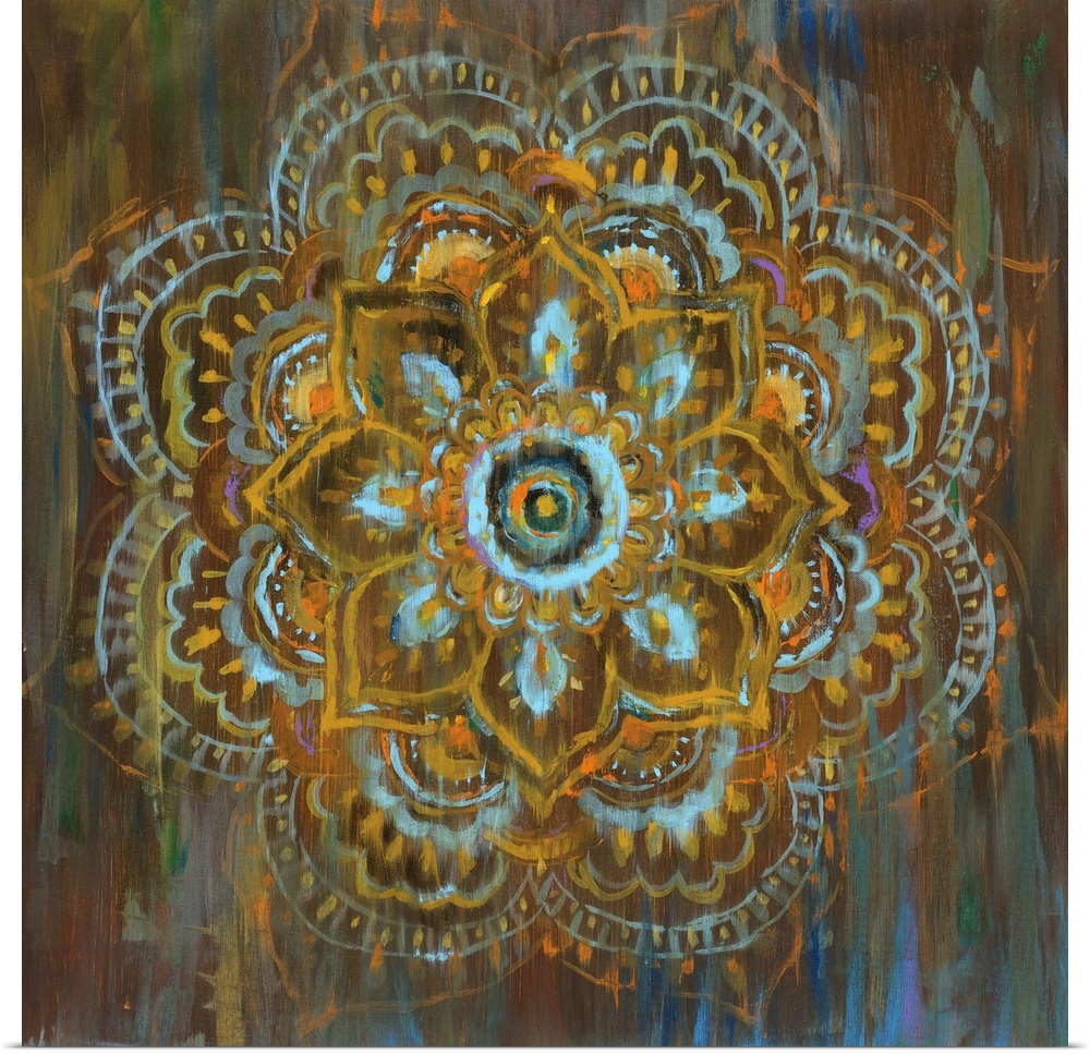 Square abstract painting of a flower mandala with blue, orange, yellow, and brown hues and hints of green and purple.