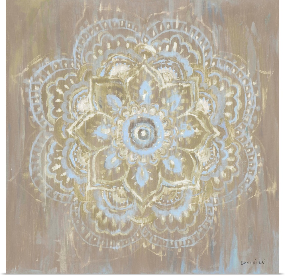 Square decorative artwork of a Mandala style circle on a textured brown background.