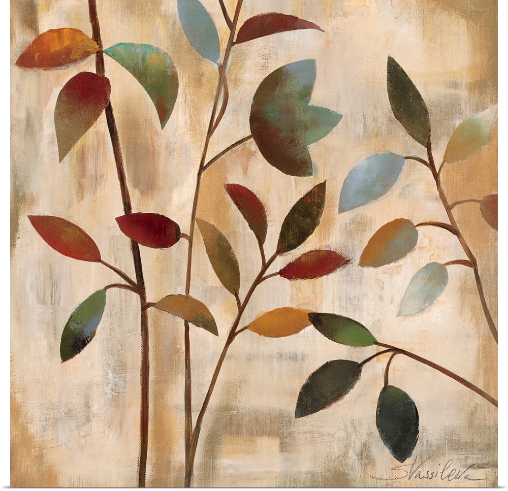 Docor artwork of four thin branches with colorful leaves on a textured, neutral background.