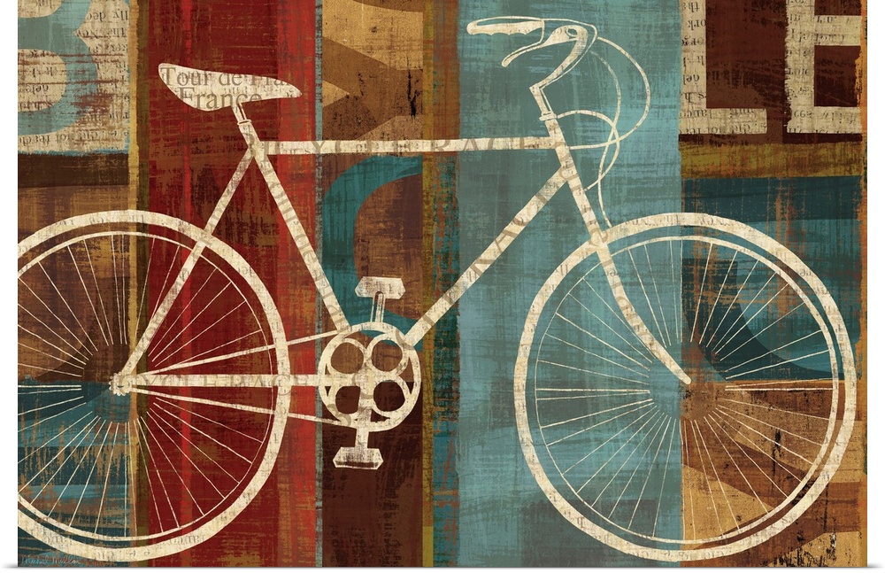 Bicycle wall docor art that is a silhouette of a cycle on a striped abstract background.