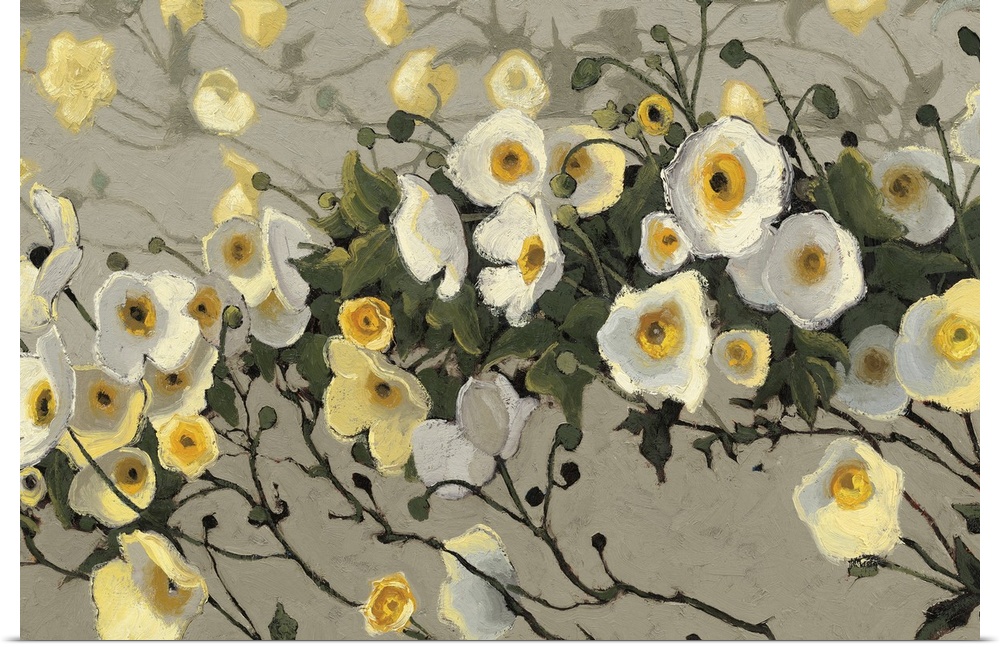Contemporary painting of garden flowers in yellow and white against a putty gray background.