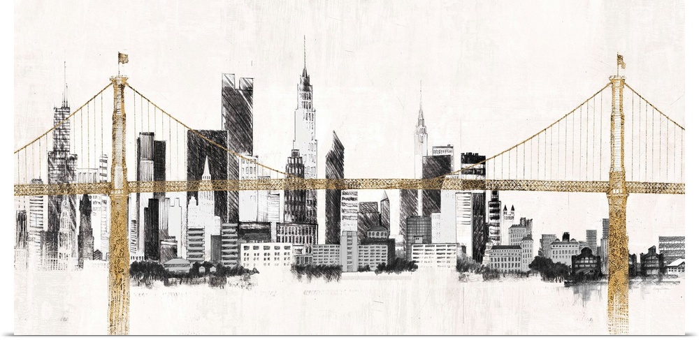 Contemporary painting in black and gold of the Manhattan Bridge in front of the New York City skyline.
