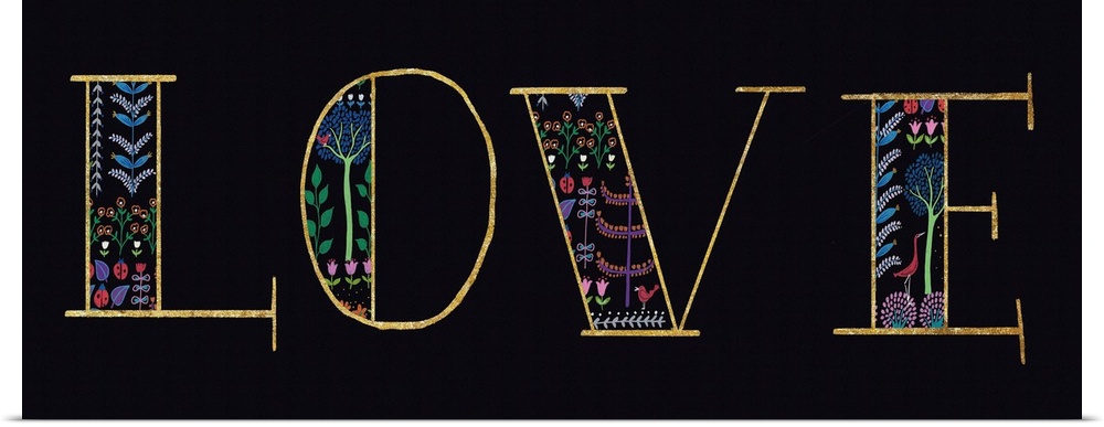 "LOVE" with a floral design on a black background.