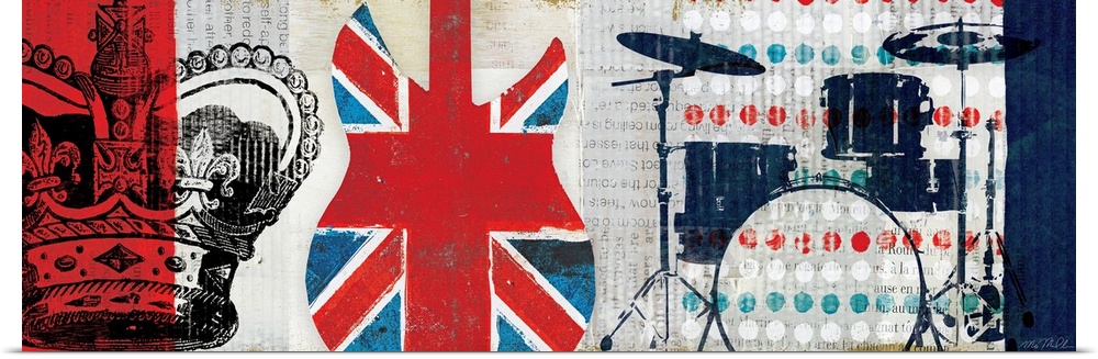 Large, horizontal artwork of collaged British imagery and colors, including an illustrated crown, a guitar with the Britis...