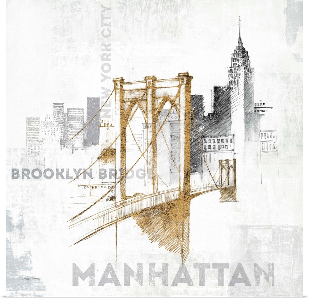 Sketches of the Brooklyn Bridge and the New York skyline in metallic colors.