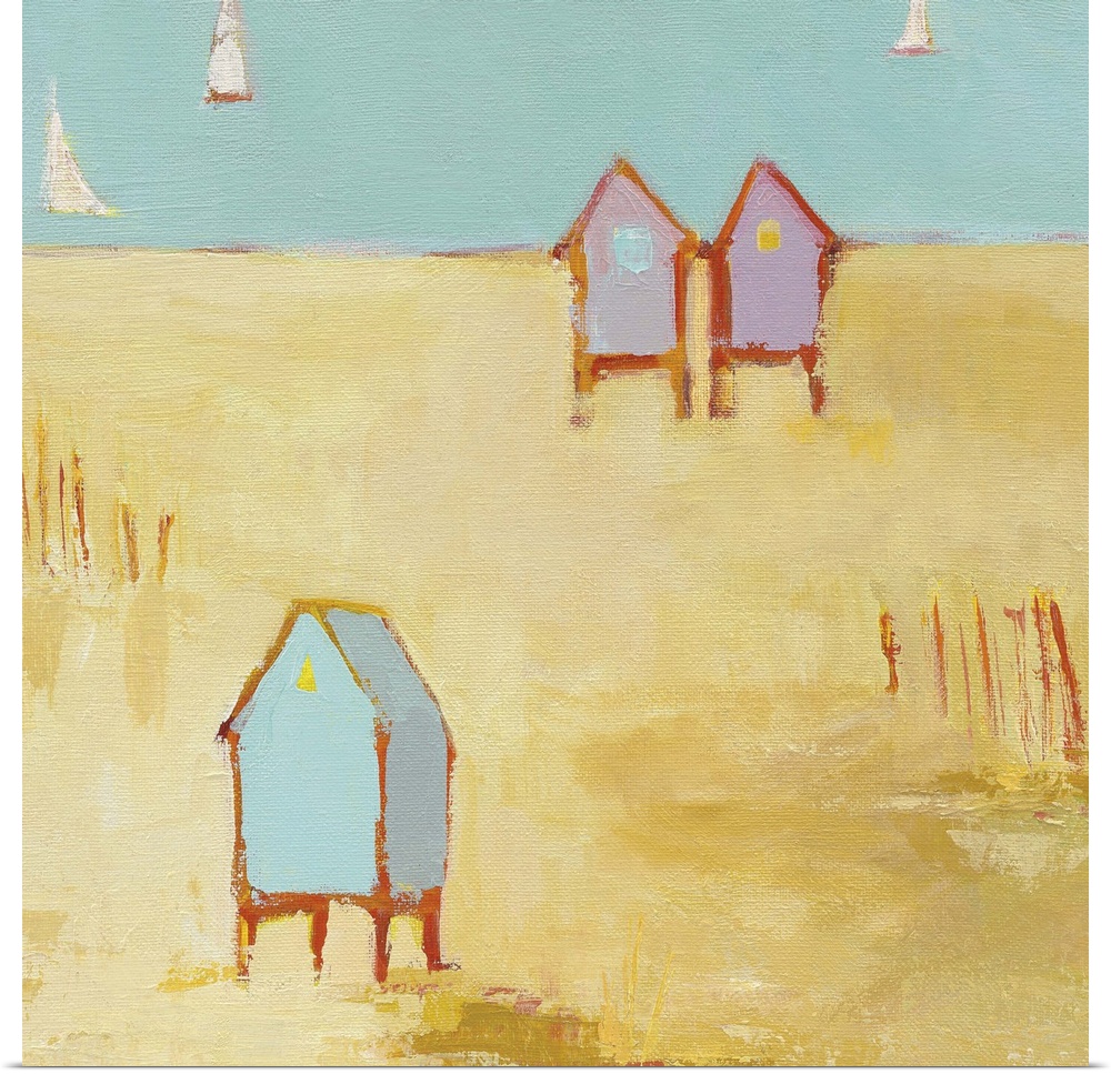 Square contemporary painting of pink and blue cottages on the beachfront with the ocean and sailboats in the background.