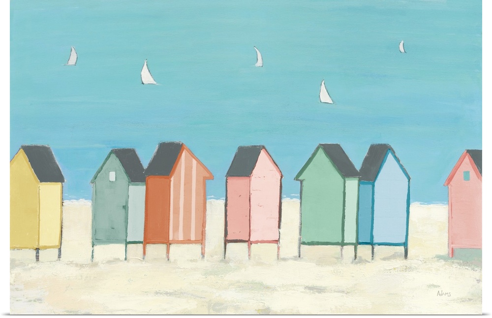 Decorative artwork of colorful sea shacks at the beach with sailboats floating in the distance.