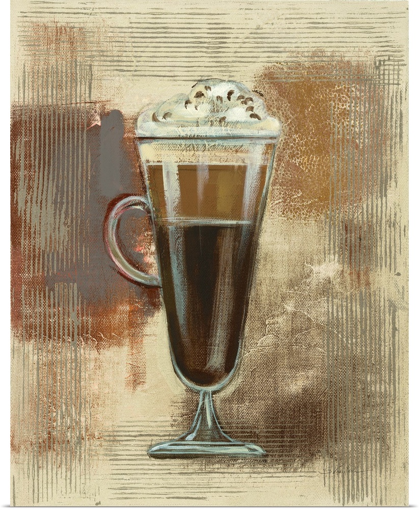 Contemporary painting of a tall cup of coffee with whipped cream on top on a textured neutral colored background.