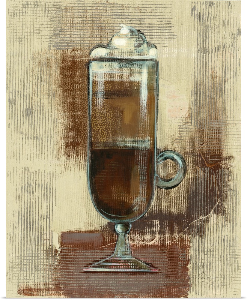 Contemporary painting of a tall cup of coffee with whipped cream on top on a textured neutral colored background.