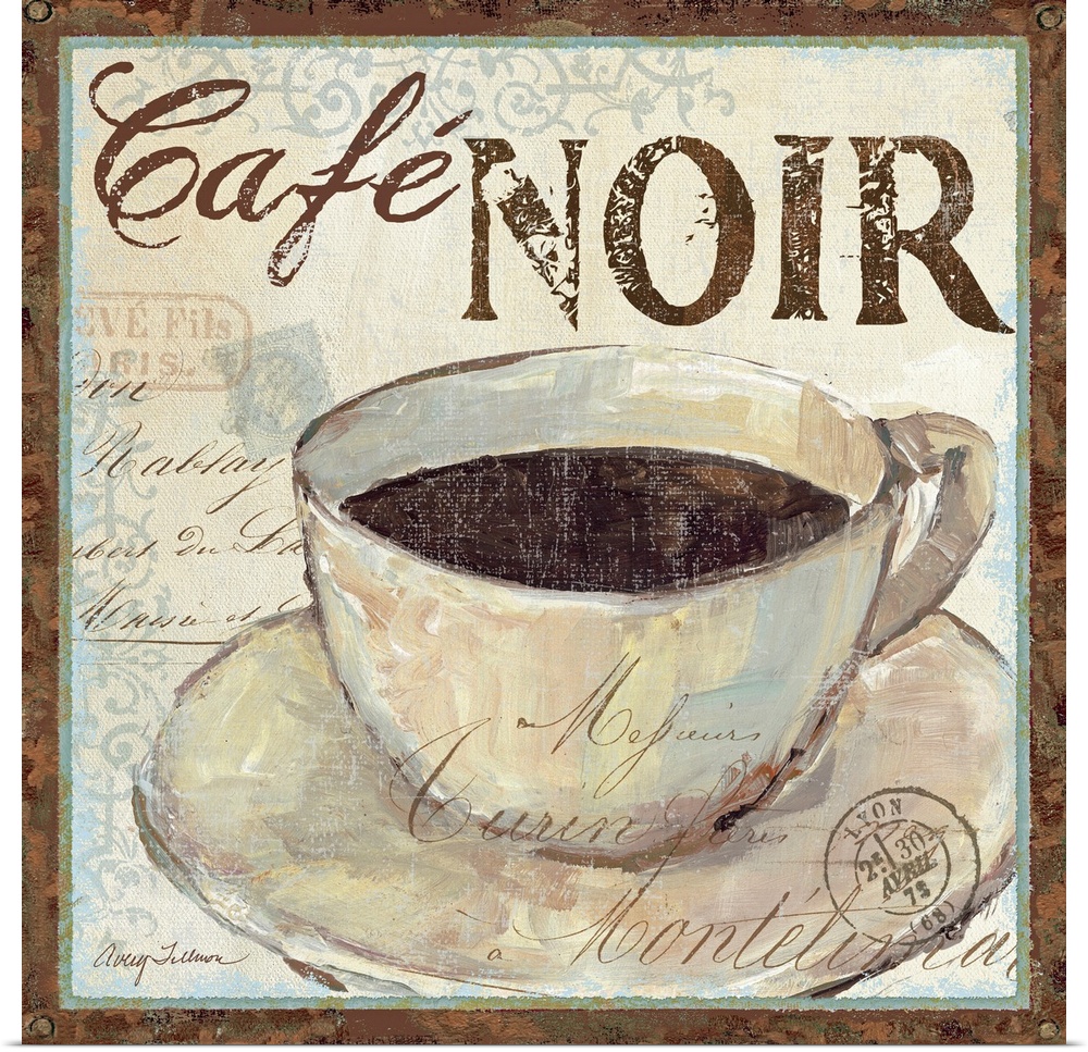 Big, square home art docor of a cup of coffee on a saucer, with the text "Cafo NOIR" above it, in a decorative font.  Rand...