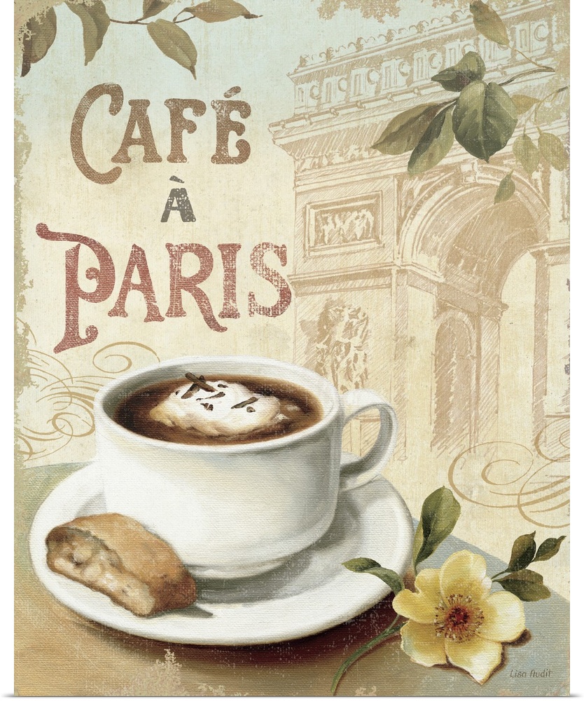 A painting of a cup of coffee on a saucer with a biscuit and a flower over an illustration of the Arc de Triomphe in Paris.