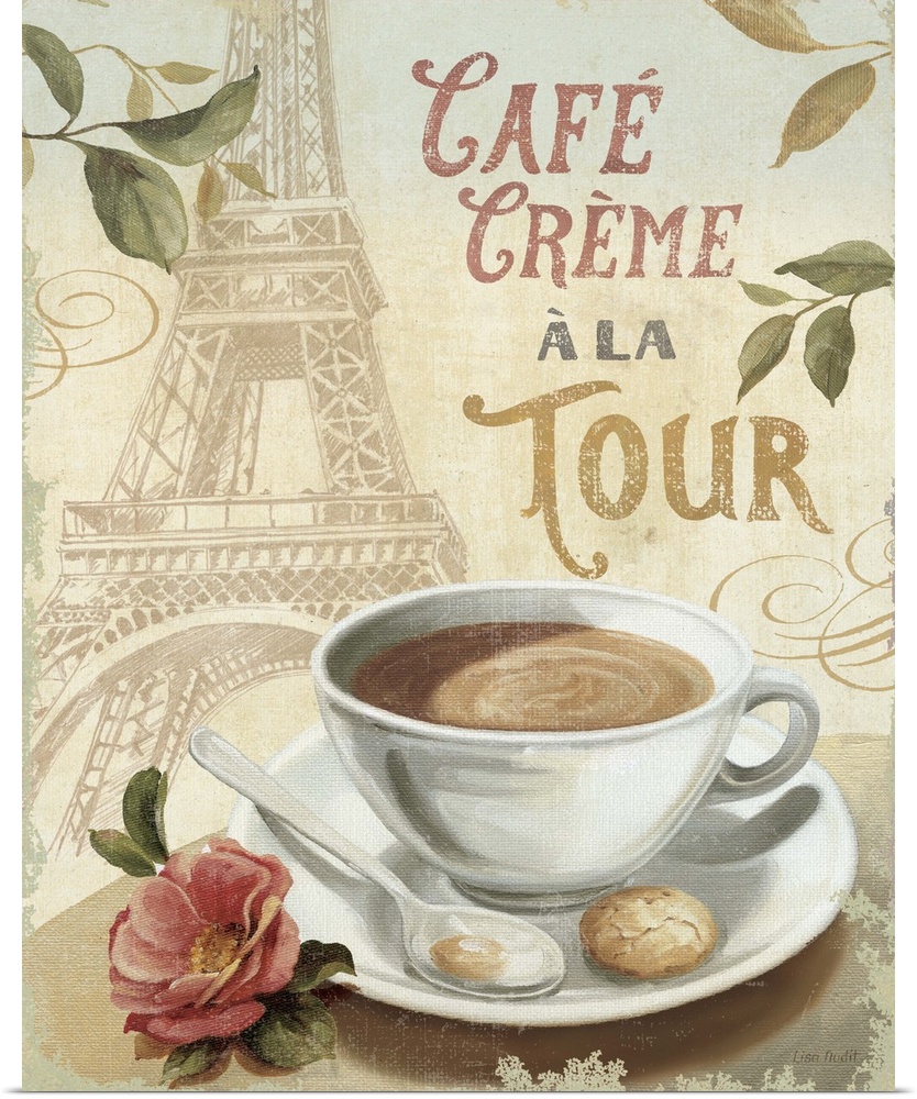 Decorative wall art of a cup of coffee on a saucer with an illustration of the Eiffel Tower and the text "Cafo Crome a la ...