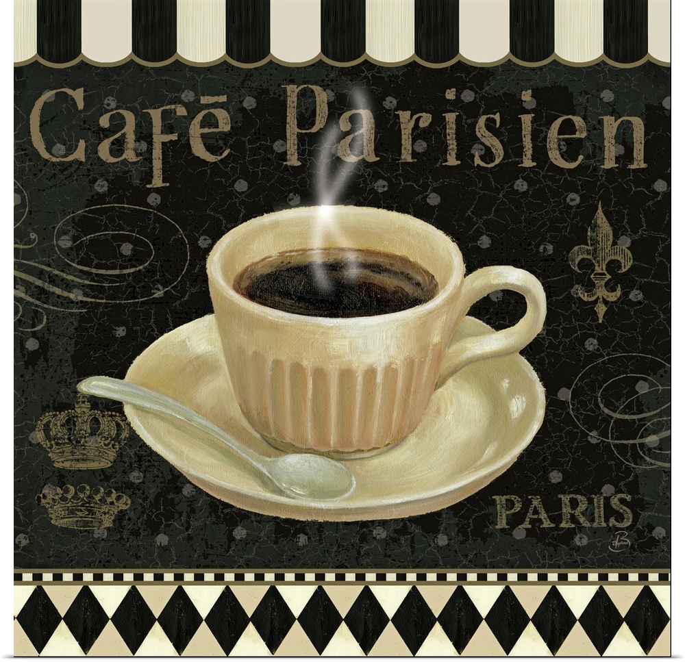 Square painting of a coffee cup on a decorated background with the words Cafo Parisien in the background.