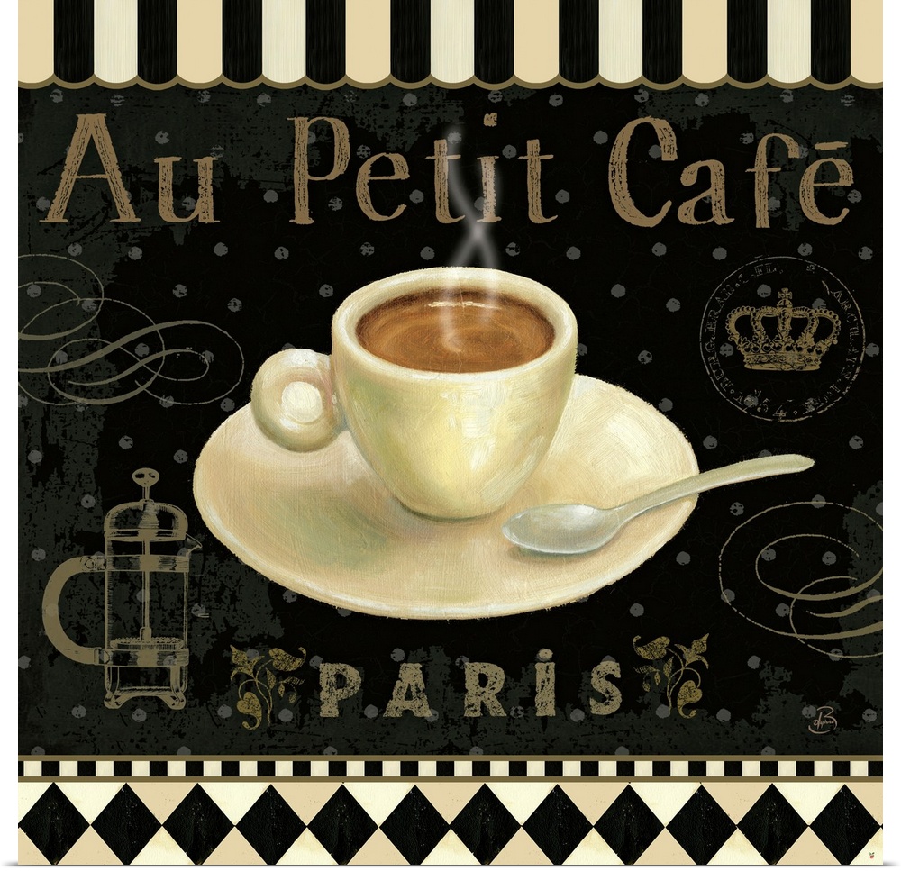 Large canvas art for a coffee shop in Paris, France includes a steaming cup of coffee sitting on a saucer plate with a spo...