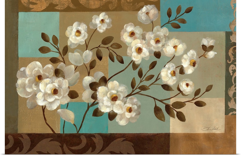 Horizontal, large artwork for a living room or office.  A cluster of white flowers with leaves on a collaged background of...