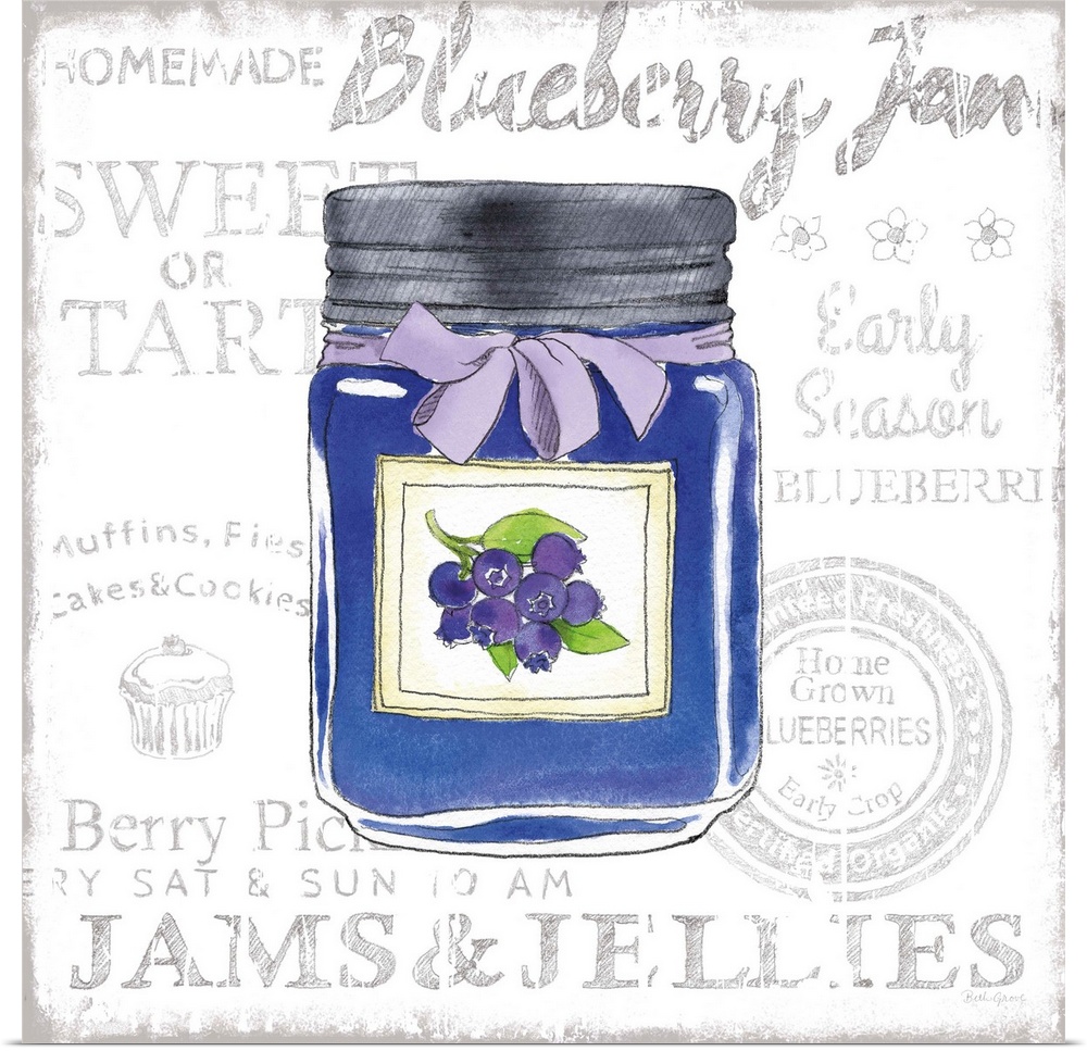 Square kitchen decor with a watercolor illustration of a jar of blueberry jam and black typography in the background.