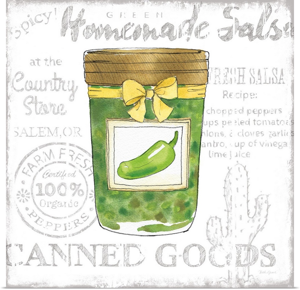 Square kitchen decor with a watercolor illustration of a jar of salsa verde and black typography in the background.