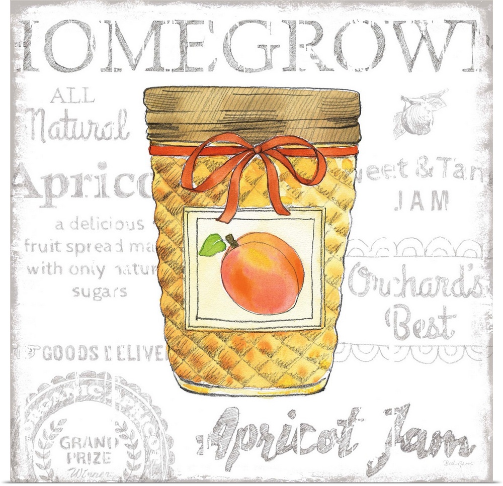 Square kitchen decor with a watercolor illustration of a jar of apricot jam and black typography in the background.