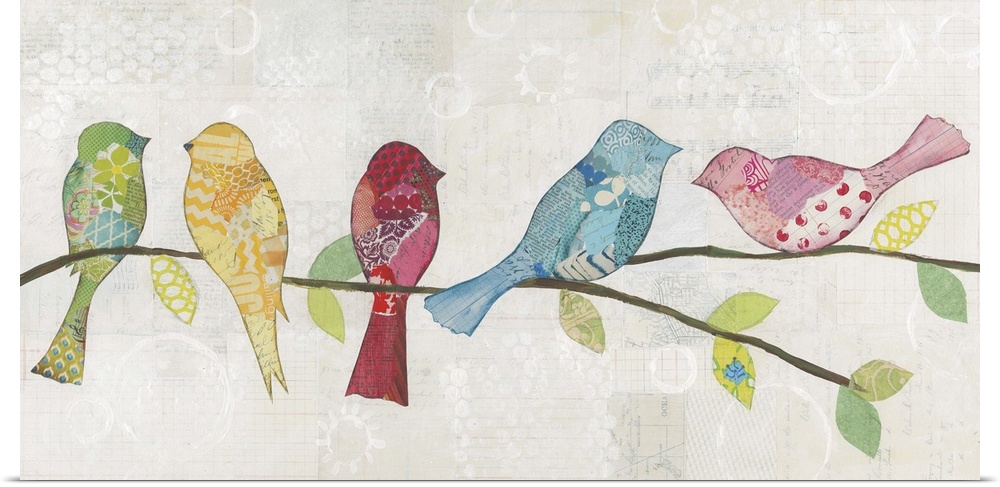 Colorfully patterned birds perched on a tree branch against a neutral rustic background.