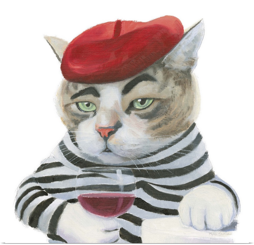 Square painting of a French cat wearing a red beret and a black and white striped shirt, drinking a glass on red wine on a...
