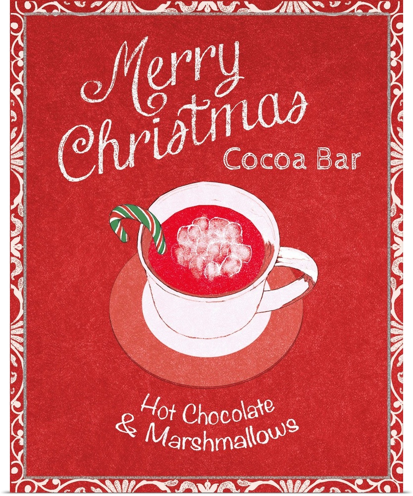 A vertical holiday design of "Merry Christmas Cocoa Bar, Hot Chocolate & Marshmallows" with a white mug on red with a whit...